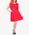 NY COLLECTION PLUS SIZE BELTED FIT & FLARE DRESS