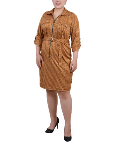 Ny Collection Plus Size Belted Roll Tab Zip Front Shirtdress In Brown