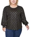 Ny Collection Plus Size Bishop Sleeve Pullover Top In Animal Print