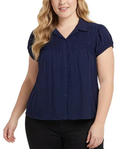Ny Collection Plus Size Cap-sleeve Rouched Yoke Top In Blue