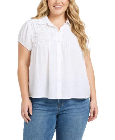 Ny Collection Plus Size Cap-sleeve Rouched Yoke Top In White
