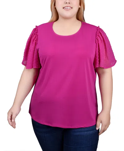 Ny Collection Plus Size Clip Dot Flutter Sleeve Top In Fushia Red