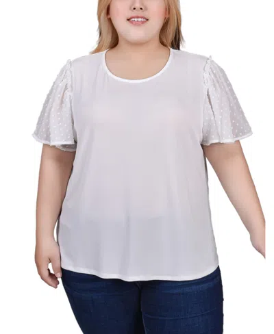 Ny Collection Plus Size Clip Dot Flutter Sleeve Top In Ivory