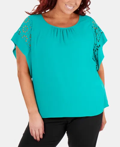 Ny Collection Plus Size Dolman-sleeve Laser-cut Top In Columbiateal