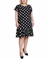 Ny Collection Plus Size Double Layer Flutter Sleeve Dress In Black,white Big Dot