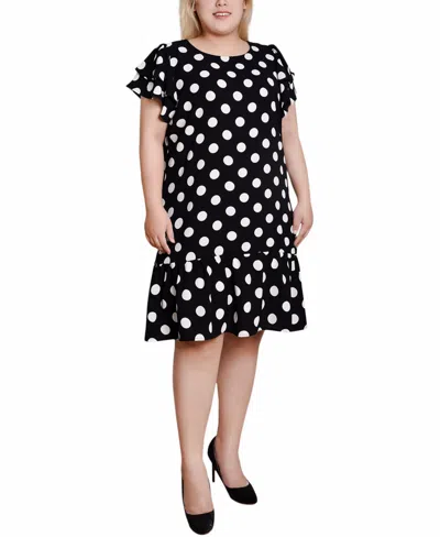 Ny Collection Plus Size Double Layer Flutter Sleeve Dress In Black,white Big Dot