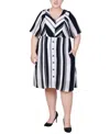 Ny Collection Plus Size Elbow Sleeve Button Front Dress In Black