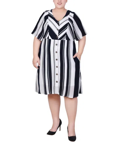 Ny Collection Plus Size Elbow Sleeve Button Front Dress In Black