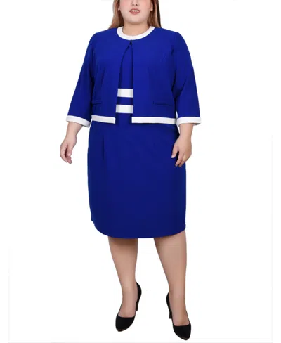 Ny Collection Women's Elbow Sleeve Colorblocked Dress, 2 Piece Set In Sapphire White