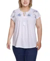 Ny Collection Plus Size Embroidered Yoke Extended Sleeve Top In Neutral