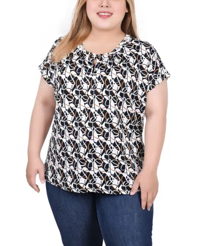 Ny Collection Plus Size Extended Sleeve Top With Grommets In Black Blue Taupe Abstract