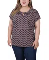 Ny Collection Plus Size Extended Sleeve Top With Grommets In Black Lilas Zigzag Dots