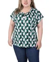 Ny Collection Plus Size Extended Sleeve Top With Grommets In Kelly Green Ivory Geo Link