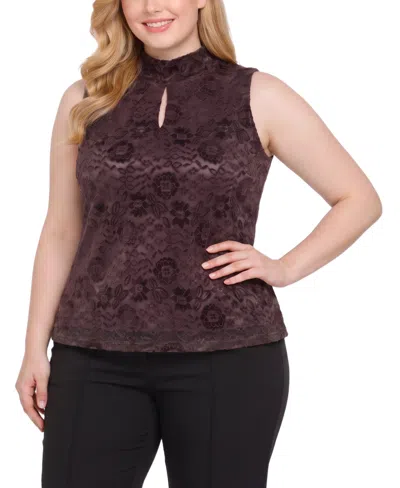 Ny Collection Plus Size Floral-print Lace Keyhole Tank In Brown
