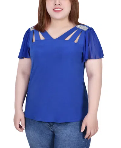 Ny Collection Plus Size Flutter Sleeve Rhinestone Detail Top In Blue