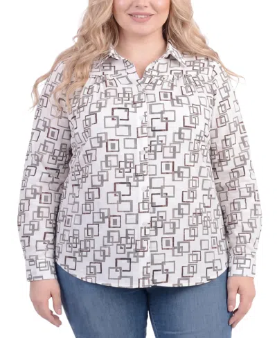 Ny Collection Plus Size Foil Print 3/4-sleeve Roll-tab Collared Blouse In White