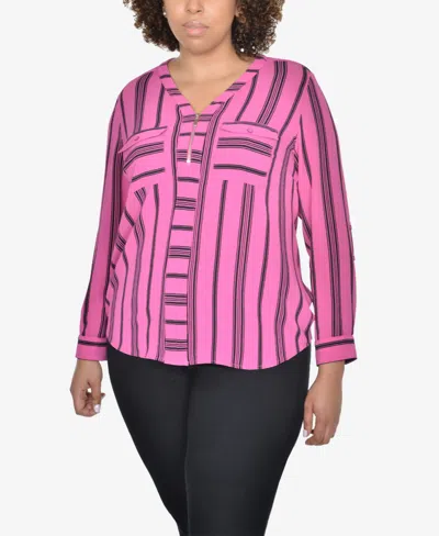 Ny Collection Plus Size Half-zip Striped Shirt In Pitaya Mutliroad