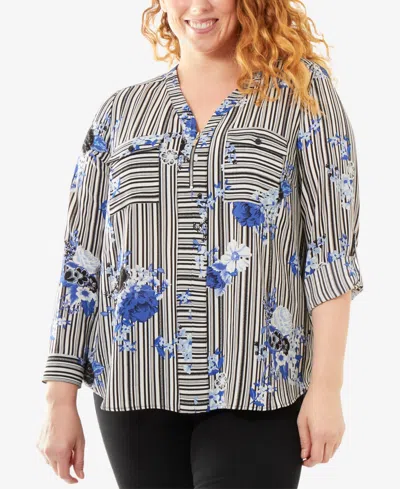 Ny Collection Plus Size Half-zip Striped Shirt In Surf Yukiplace