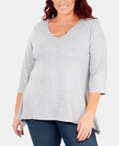 Ny Collection Plus Size Handkerchief-hem 3/4-sleeve Top In Gray