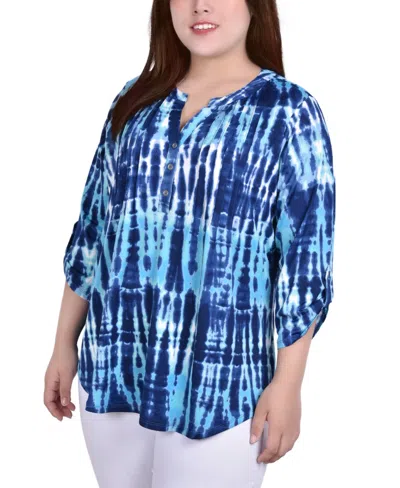 Ny Collection Plus Size Knit 3/4 Sleeve Roll Tab Top In Royal Blue Tie Dye