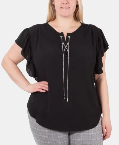 Ny Collection Plus Size Lace-up Flutter-sleeve Top In Black