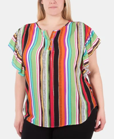 Ny Collection Plus Size Lace-up Flutter-sleeve Top In Multi Modernline