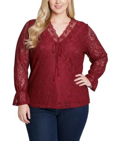 Ny Collection Plus Size Long Bell Sleeve Lace Top In Multi