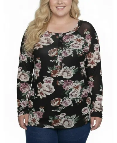 Ny Collection Plus Size Long Raglan Sleeve Mesh Top In Multi