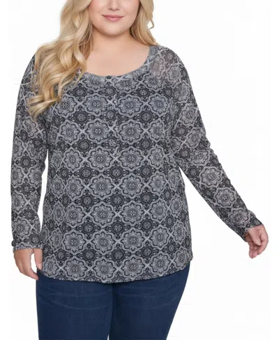 Ny Collection Plus Size Long Raglan Sleeve Mesh Top In Multi