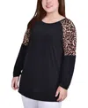 NY COLLECTION PLUS SIZE LONG RAGLAN SLEEVE TUNIC TOP WITH ANIMAL PRINT INSETS