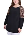 Ny Collection Petite Long Raglan Sleeve Tunic With Animal Print Insets Top In Black,brown,animal