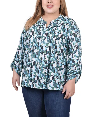 NY COLLECTION PLUS SIZE LONG ROLL TAB SLEEVE PINTUCK FRONT BLOUSE