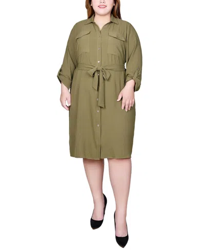 Ny Collection Plus Size Long Roll Tab Sleeve Shirt Dress In Brown