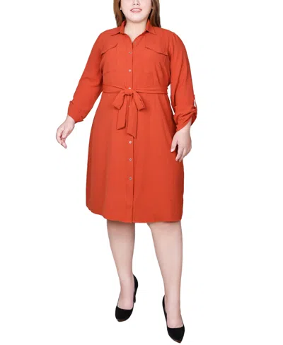 Ny Collection Plus Size Long Roll Tab Sleeve Shirt Dress In Brown
