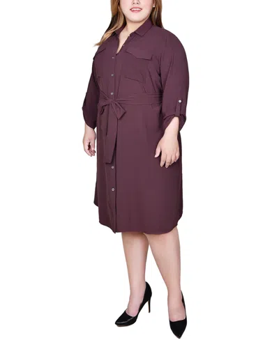 Ny Collection Plus Size Long Roll Tab Sleeve Shirtdress In Burgundy