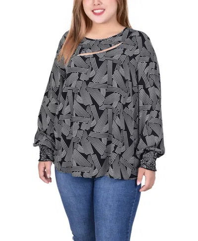 Ny Collection Plus Size Long Sleeve Blouse With Neckline Cutout In Black,white Geo