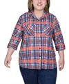 Ny Collection Plus Size Long Sleeve Button Front Tunic Top In Rust Denim Plaid