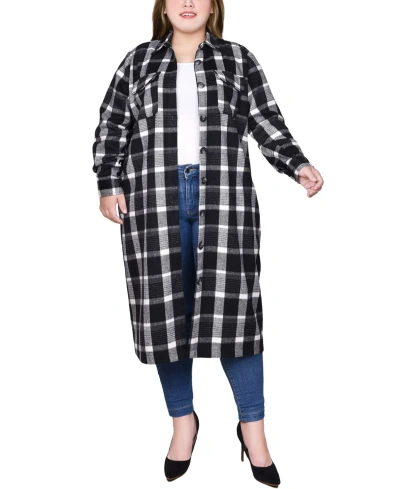 Ny Collection Plus Size Long Sleeve Calf-length Twill Shirt Jacket In Black White Plaid