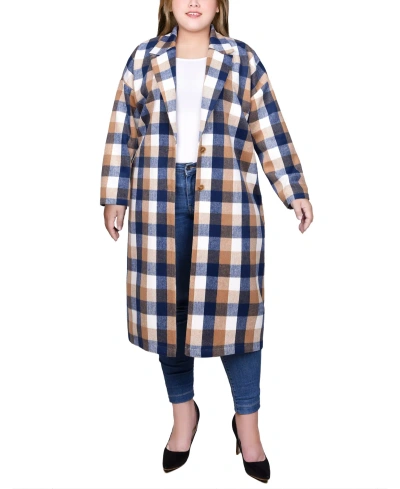 Ny Collection Plus Size Long Sleeve Calf-length Twill Shirt Jacket In Blue Plaid