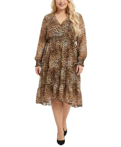 Ny Collection Plus Size Long Sleeve Clip Dot Chiffon Dress With Smocked Waist And Cuffs In Brown