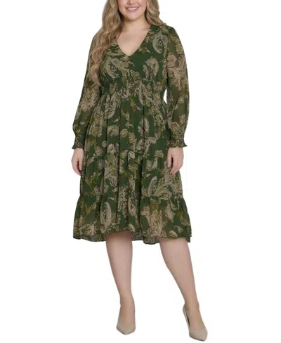 Ny Collection Plus Size Long Sleeve Clip Dot Chiffon Dress With Smocked Waist And Cuffs In Green
