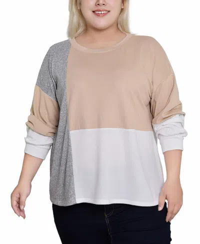Ny Collection Plus Size Long Sleeve Color Blocked Pullover Top In Tan,ivory,grey