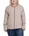 Ny Collection Plus Size Long Sleeve Contrast Piped Blouse In Taupe Black