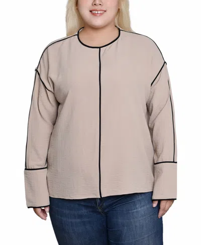 Ny Collection Plus Size Long Sleeve Contrast Piped Blouse In Taupe Black