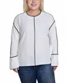 Ny Collection Plus Size Long Sleeve Contrast Piped Blouse In White Black