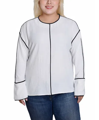 Ny Collection Plus Size Long Sleeve Contrast Piped Blouse In White Black