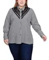 Ny Collection Plus Size Long Sleeve Crochet Trimmed Blouse In White Black Stripe