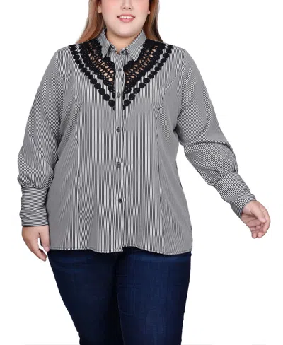 Ny Collection Plus Size Long Sleeve Crochet Trimmed Blouse In White Black Stripe