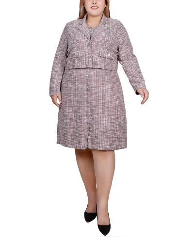 Ny Collection Plus Size Long Sleeve Jacket And Tweed Dress, 2 Piece Set In Burgundy Ivory