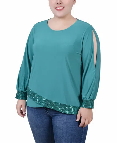 Ny Collection Plus Size Long Sleeve Knit Top In Emerald Green